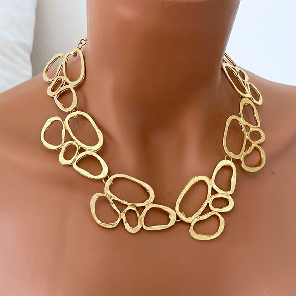 Gold Plated Chunky Minimal Necklace Earrings Set - Picture 2 of 3